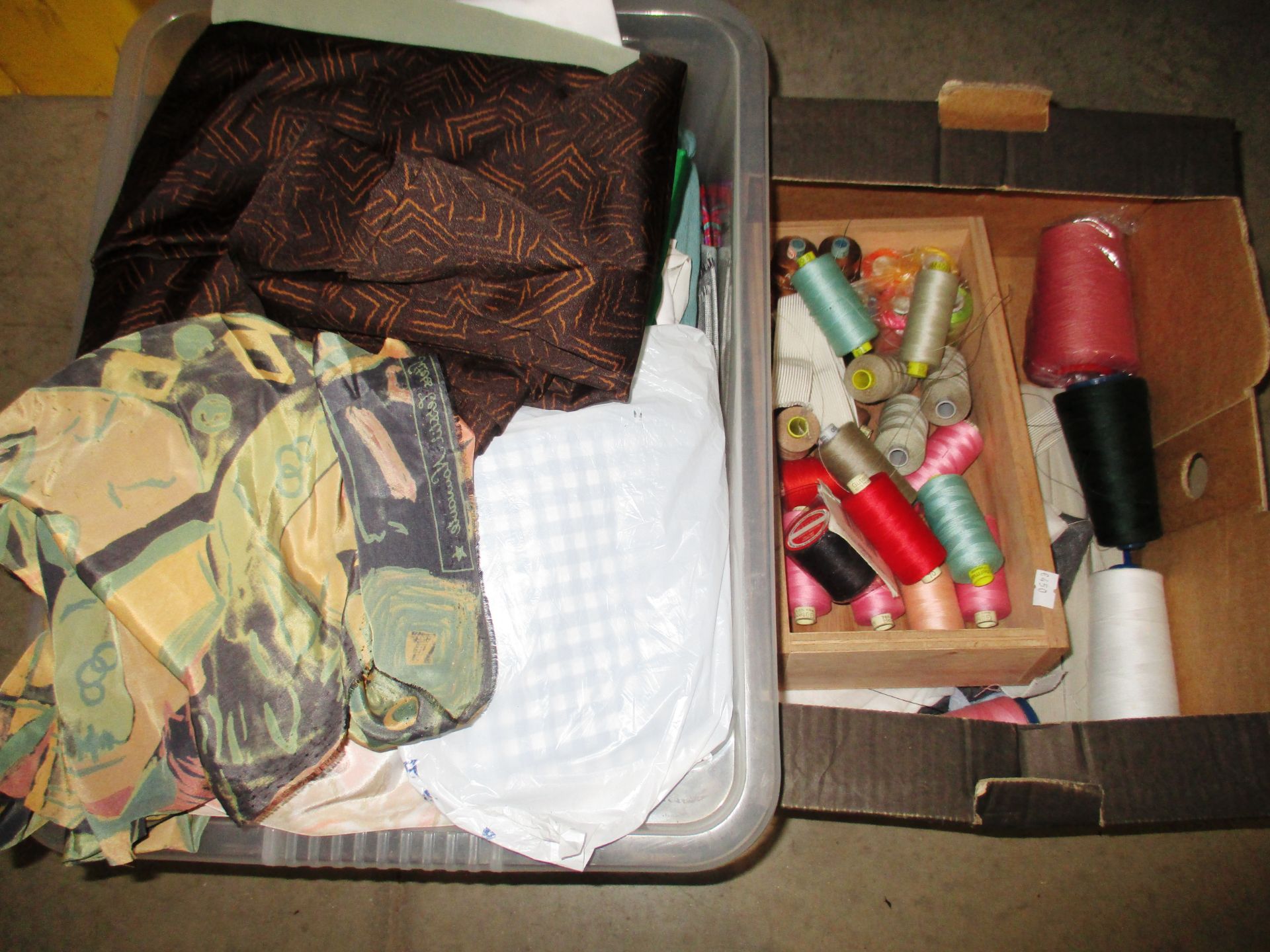 Contents to two boxes - quantity of assorted linens and a quantity of reels of cotton etc