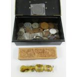 Small cash box and contents - various coins, 1797 "Cartwheel", set of sovereign balance scales,
