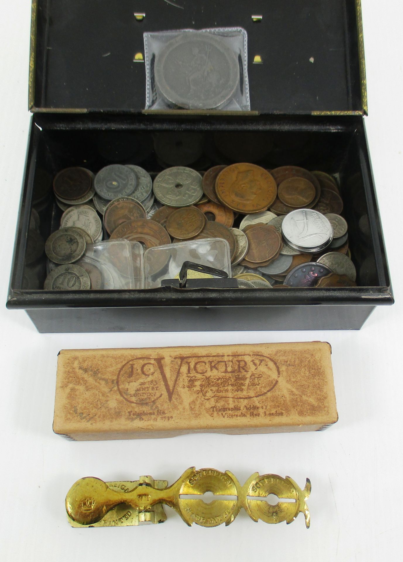 Small cash box and contents - various coins, 1797 "Cartwheel", set of sovereign balance scales,