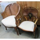 An early 20th Century tub armchair with cane panel back on cabriole legs and a reproduction French