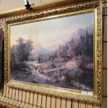 Large gilt framed print 'Travellers by a Bridge' 57 x 90cm