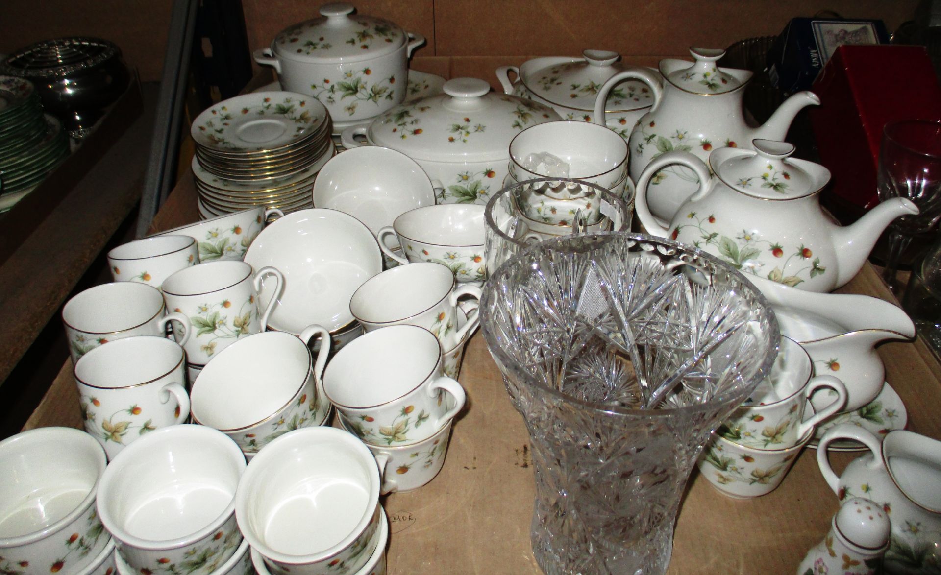 73 x piece Royal Doulton "Strawberry Cream" patterned tea/dinner service and two cut glass vases