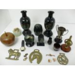 A 6 piece black lacquer oriental set comprising pair of vases, jar with cover, small vase etc,