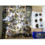 Contents to tray - quantity of world coins, box of coins in wallets including several silver,