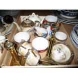 Contents to tray - pair of brass candlesticks,