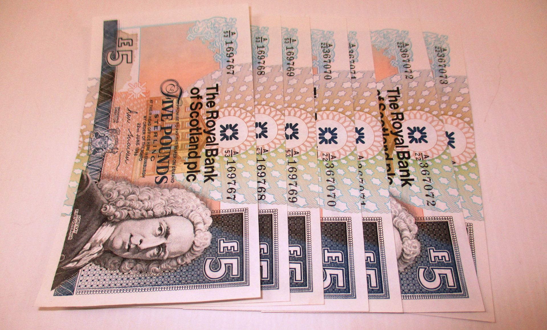 7 RBS Five Pound Notes EF or better 1988 with consecutive number