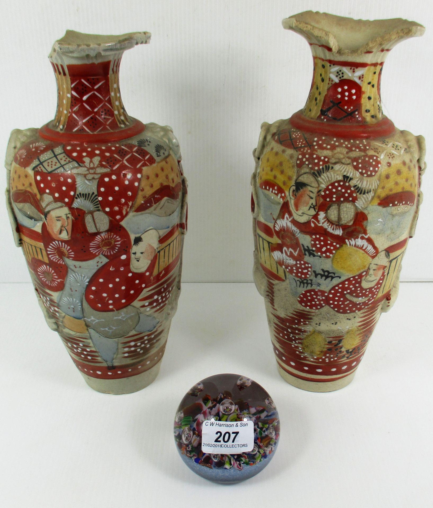 A pair of Satsuma pottery baluster vases, painted in the round with figural scenes (Both A/F), 32.