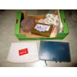 Box and contents - haberdashery - sewing case (incomplete) needle case, packs of paper doilies,