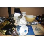 Contents to tray - kitchen wares including Three Stoneware mixing bowls, enamelled dish and jug,