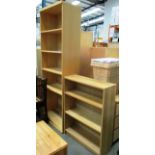 A tall pine finish open bookcase 6 shelf and a low oak finish 3 shelf bookcase (2)