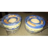 6 x blue and yellow painted planters of various sizes