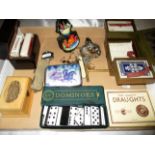 Contents to tray - small quantity of costume jewellery, playing cards, dominoes,