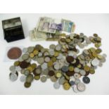 Contents to box - various coins, bank notes, tokens, large Victoria medal 1897,