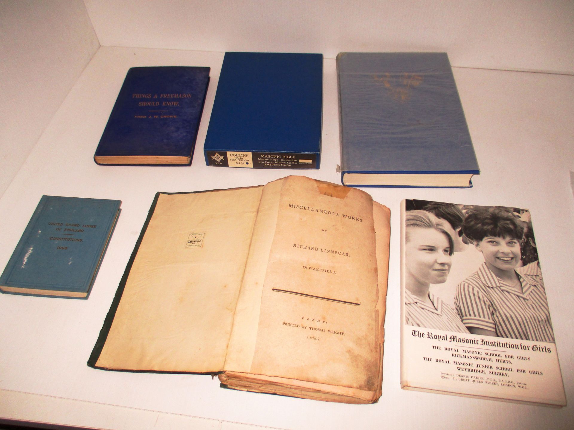 Seven assorted Masonic hard back books including The Miscellaneous Works of Richard Linnecar of