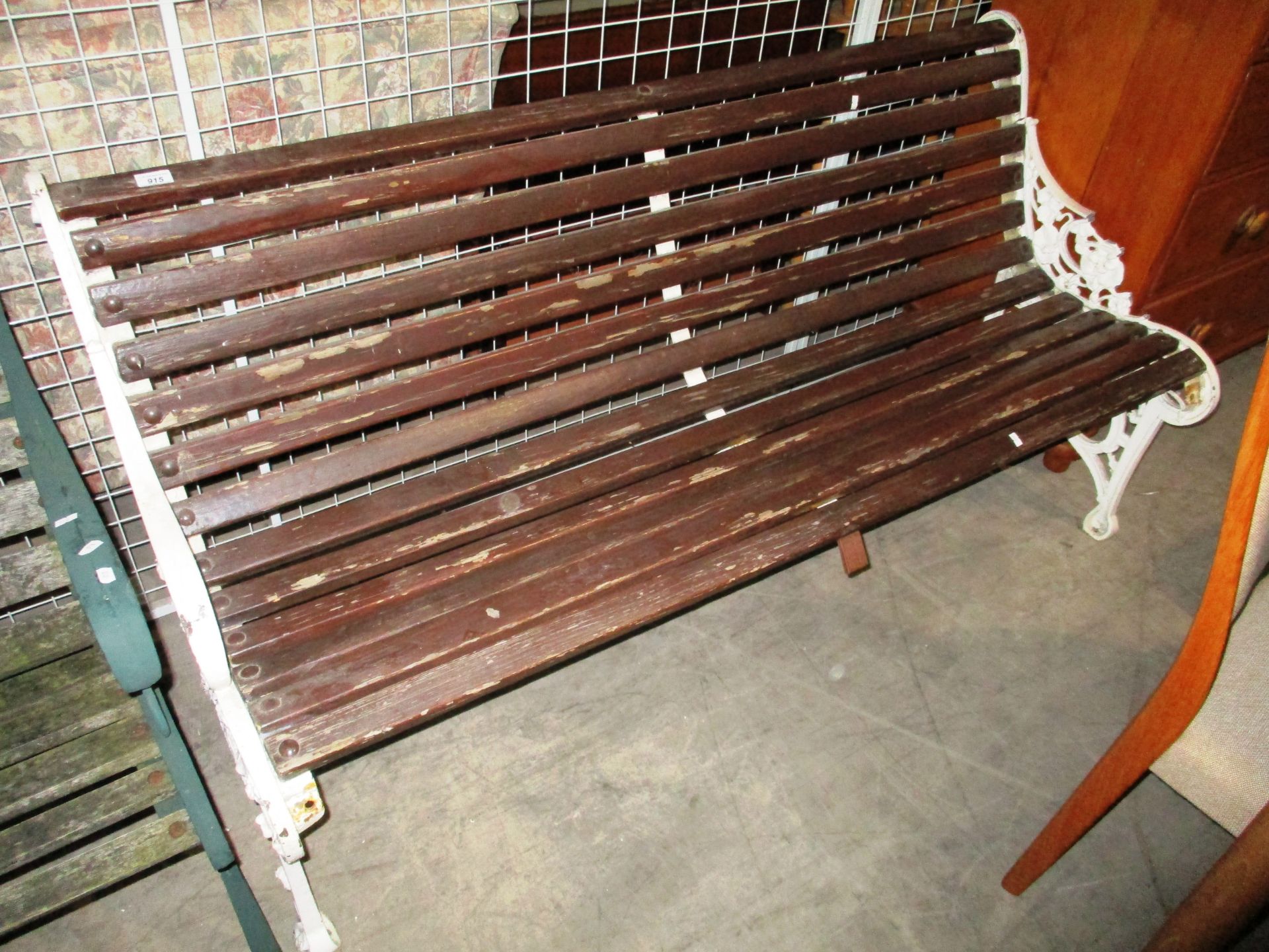 A white metal framed garden bench 160cm - damage to one leg and arm