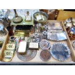 A quantity of plated and other metal wares including wine coasters, tureen, silver plated tray,