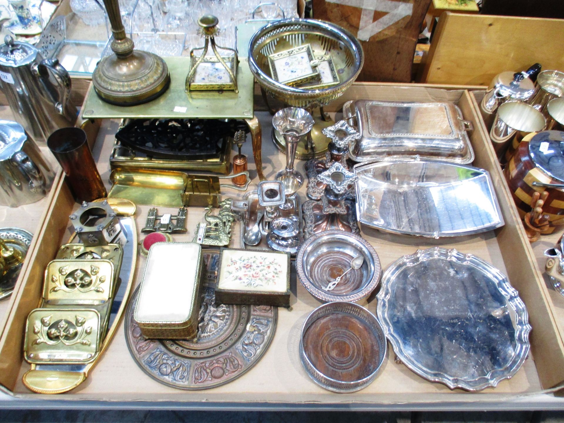 A quantity of plated and other metal wares including wine coasters, tureen, silver plated tray,