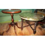 A Benares brass top table with folding base and a small mahogany oval top wine table (2)