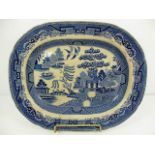 A large blue and white Ironstone china Ferrybridge pottery meat plate, S.