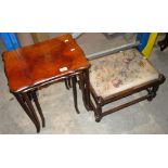 A walnut nest of 3 coffee tables and an oak stool with upholstered top (2)