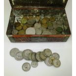 Contents to tin - quantity of assorted coins - Threepenny bits, One Shilling, Florins etc,