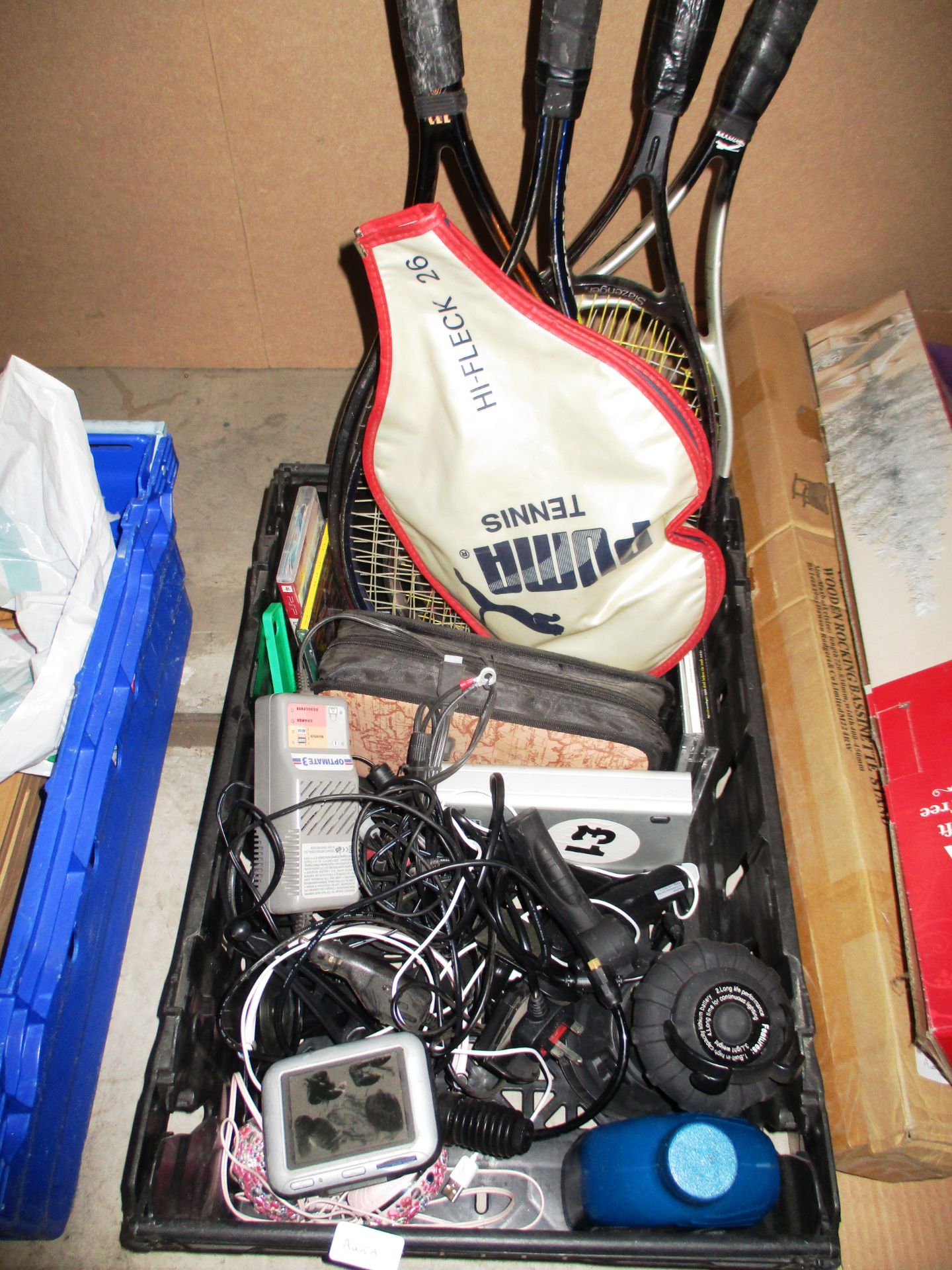 Contents to crate - 4 x tennis rackets by Dunlop, Slazenger etc, Freecom 250GB external hard drive,