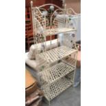 A cream wrought iron 4 shelf open display stand 70cm x 170cm high