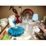 Large quantity of assorted glassware, The New Slipper Bed Pan, Studio pottery plate, horse brasses,