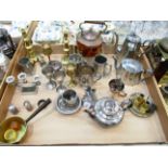 A quantity of assorted metal ware, plated tea and coffee pots, brassware,
