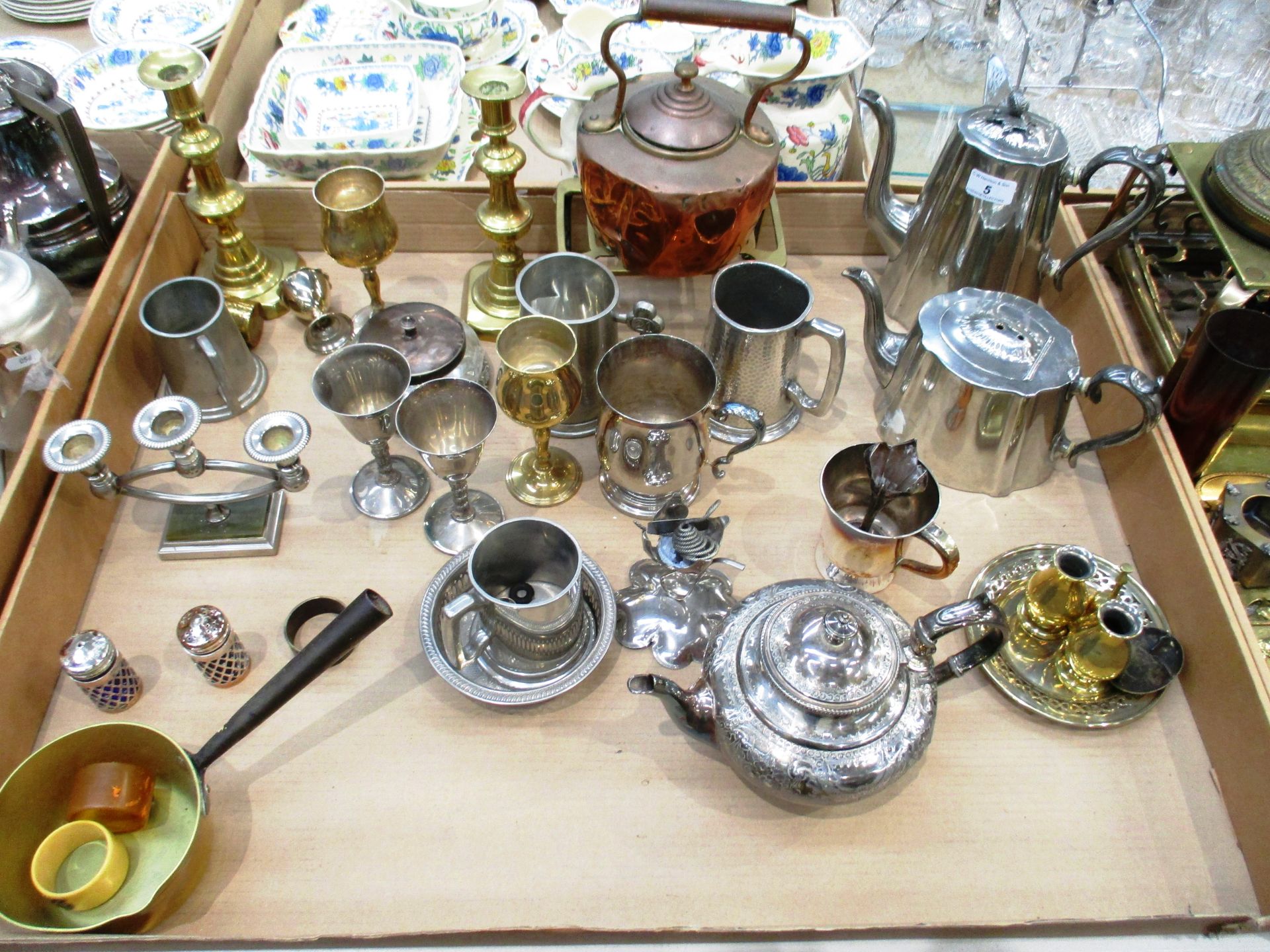 A quantity of assorted metal ware, plated tea and coffee pots, brassware,