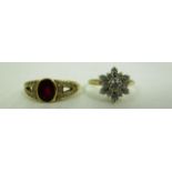 A 9ct gold cluster ring and an unmarked gold coloured ring with red stone