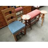 A pine long stool with pink dralon seat,