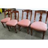 A set of 4 Edwardian mahogany dining chairs with re-upholstered pink dralon seats