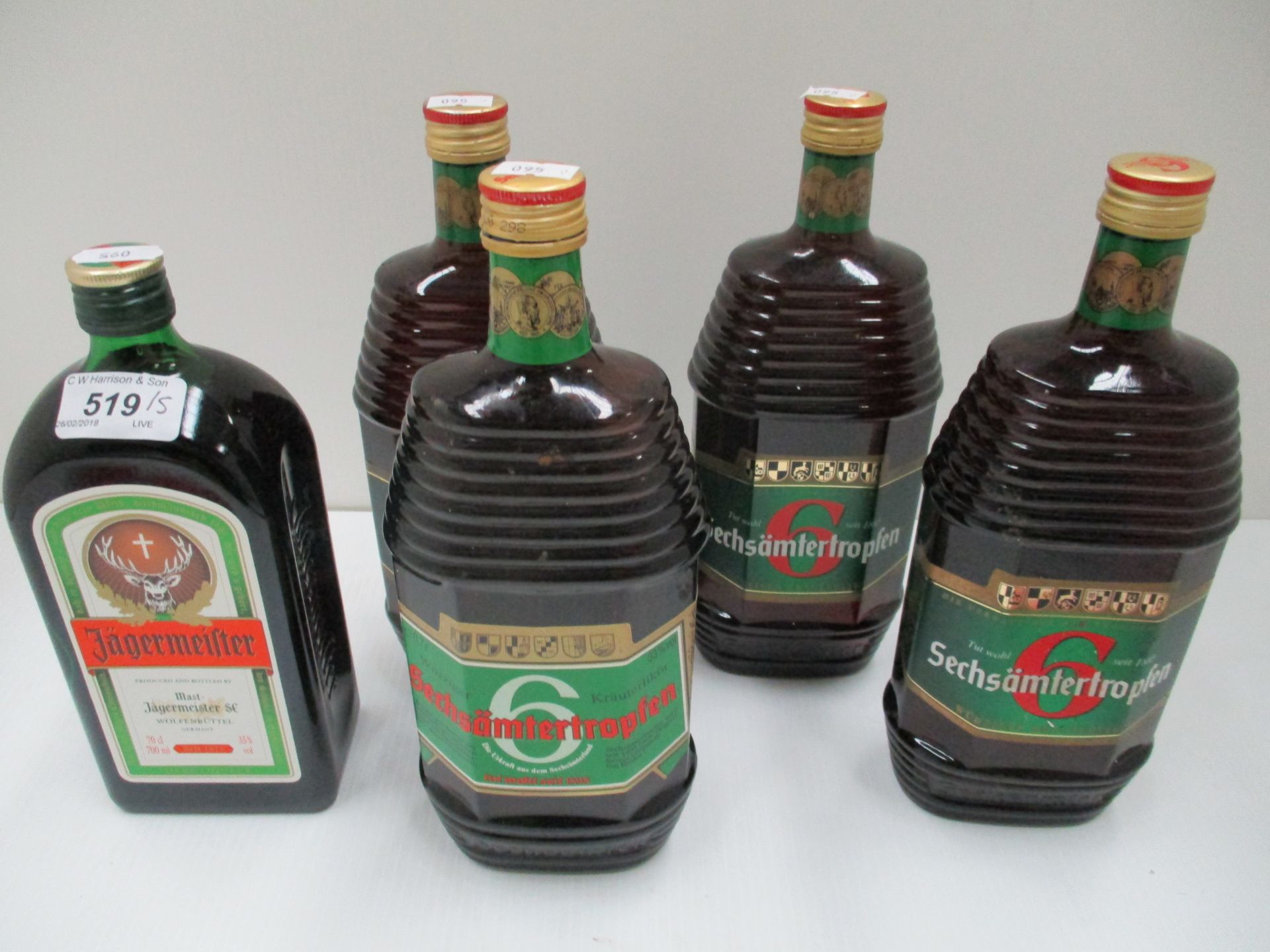 4 x 70cl bottles of Sechsämtertropfen and a 70cl bottle of Jägermeister (5)