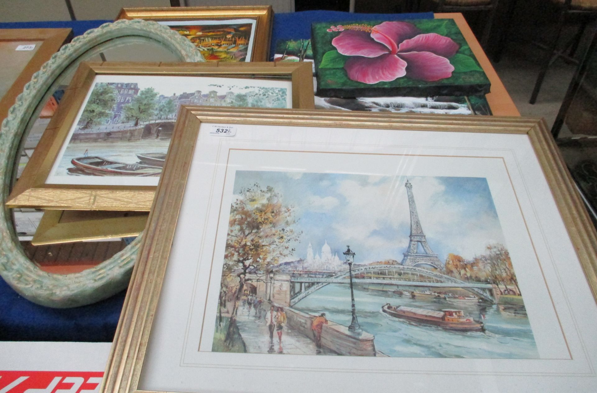 5 x assorted framed and a box prints and painting - Parisian scene,
