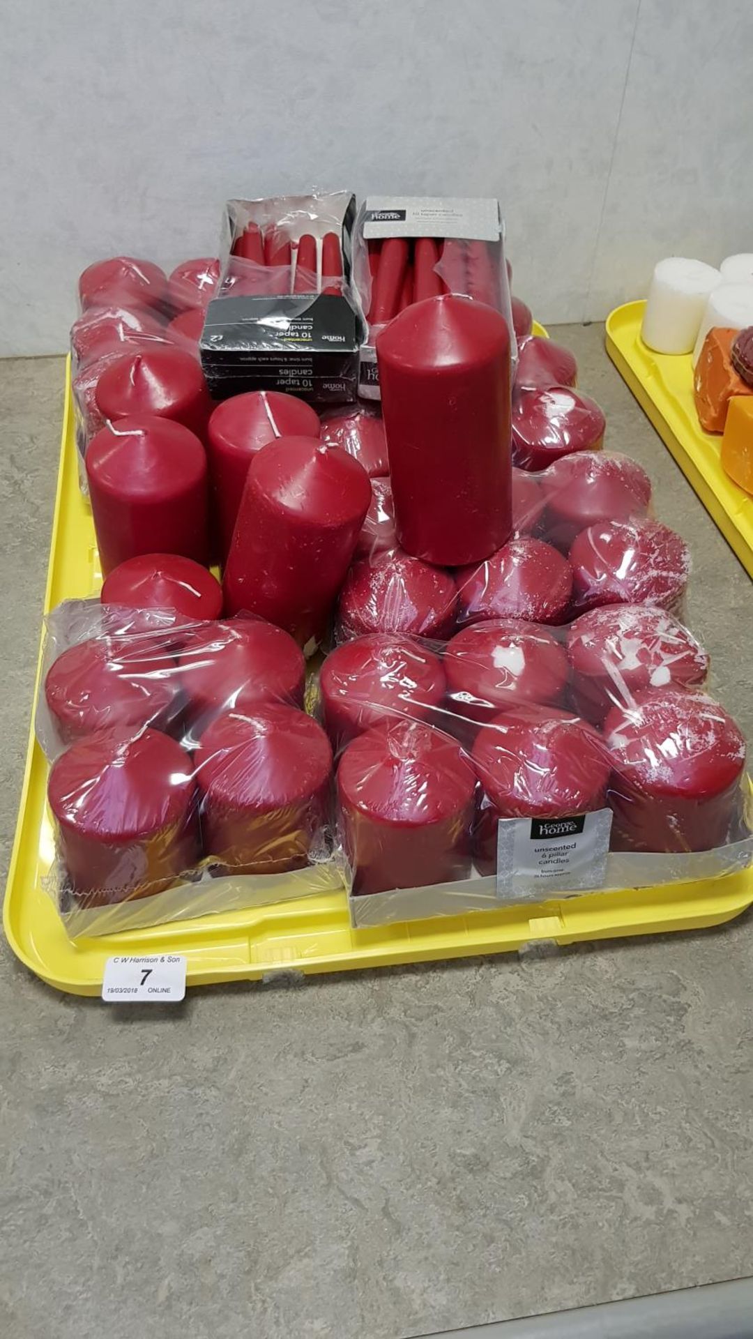 Contents of Tray – Approx (40x) red pillar candles (some as seen) & approx (15x) red taper candles