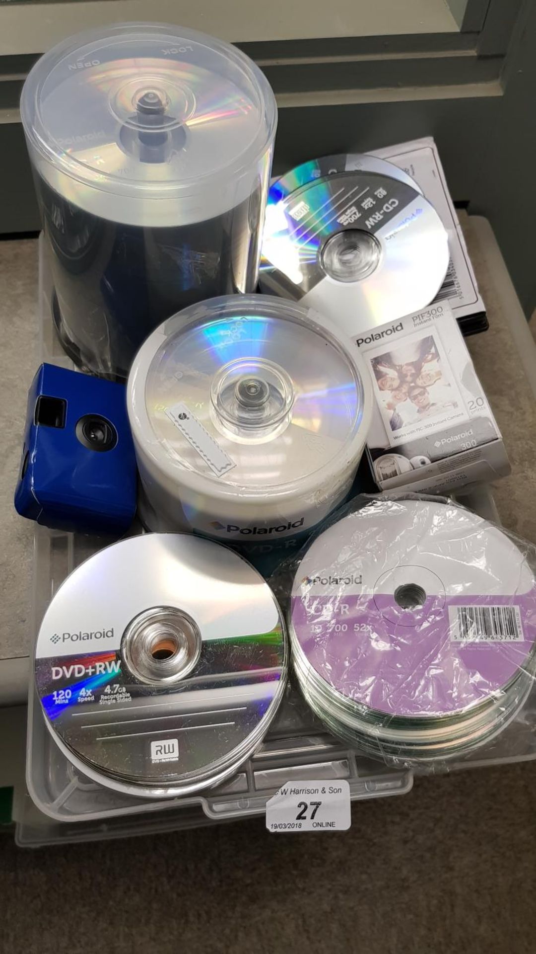 Contents of Tray – Mixed DVD+RW & CD-RW discs & (2x) Polaroid PIF300 Instant Film