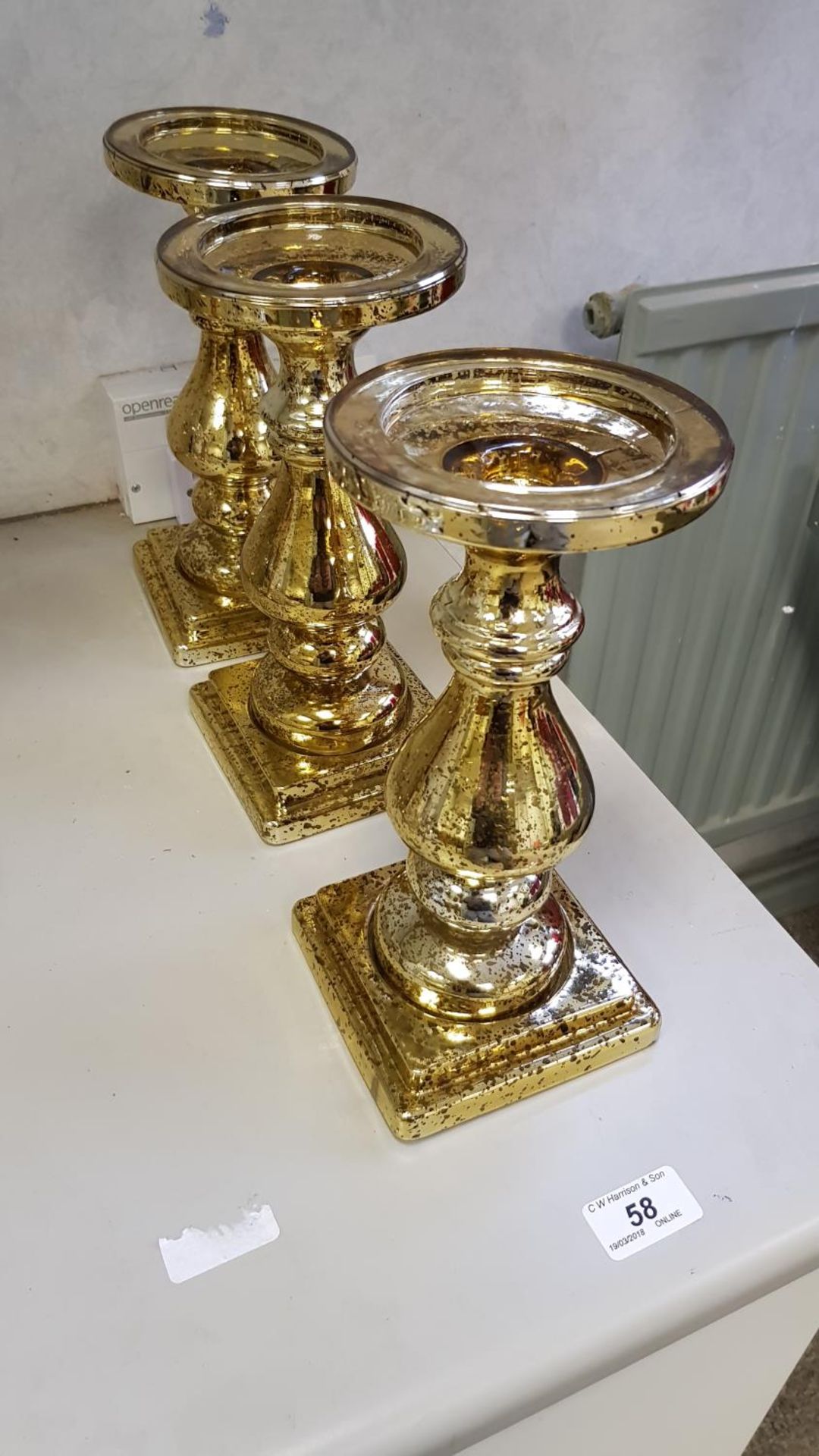 (3x) distressed gold glass candle sticks (1 as seen)