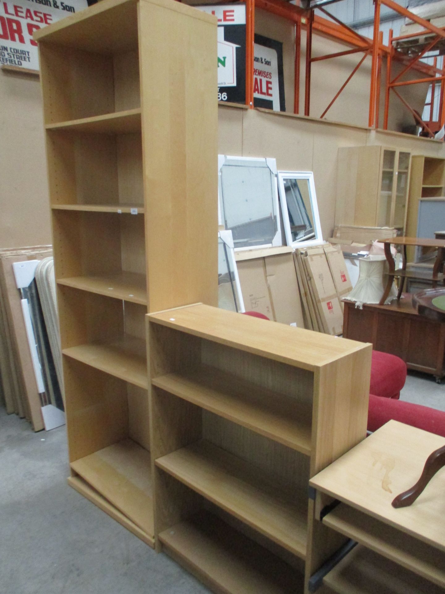 A tall pine finish open bookcase 6 shelf and a low oak finish 3 shelf bookcase (2)