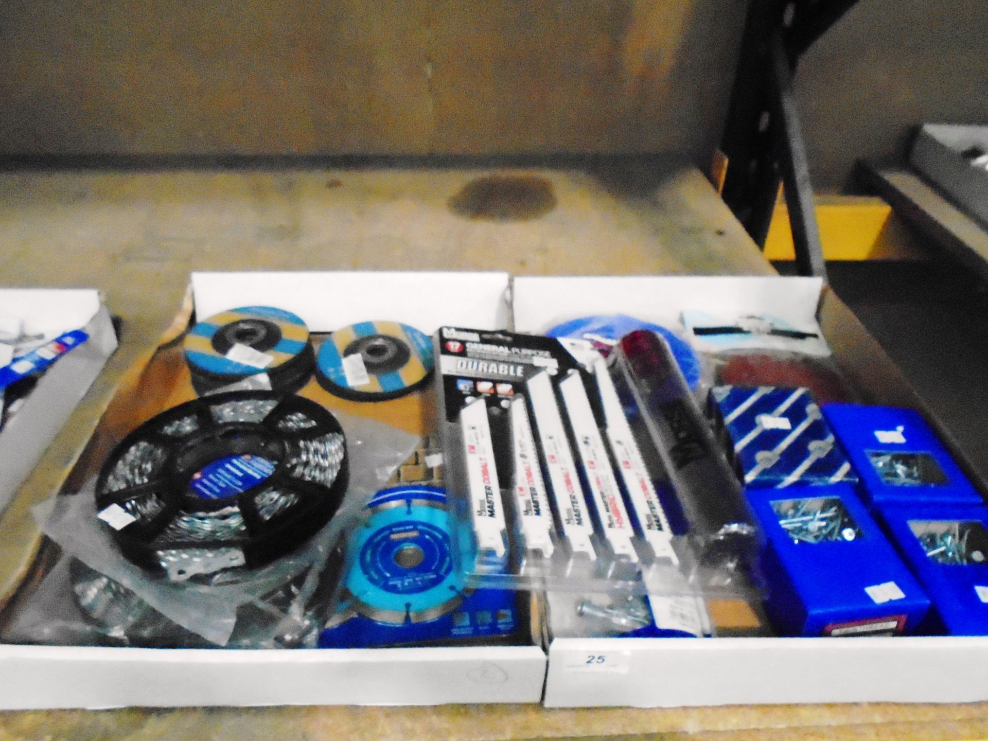 Contents to two trays - pack of Morse reciprocating saw blades, packs of countersunk pozi screws,