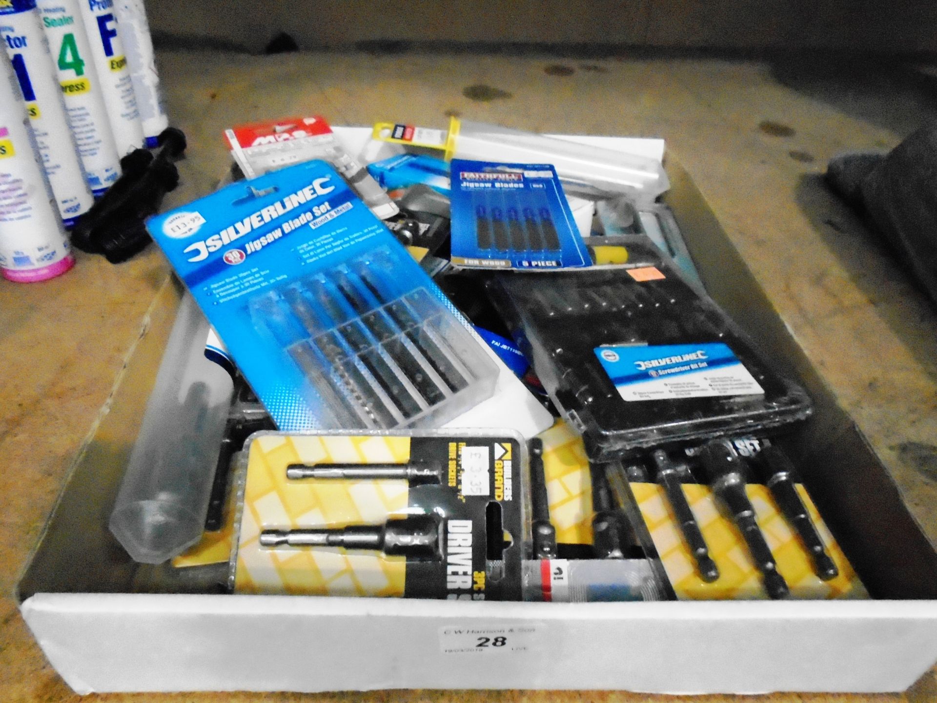 25 x items - packs of Builders Brand 3 piece socket driver sets, packs of Faithfull jigsaw blades,