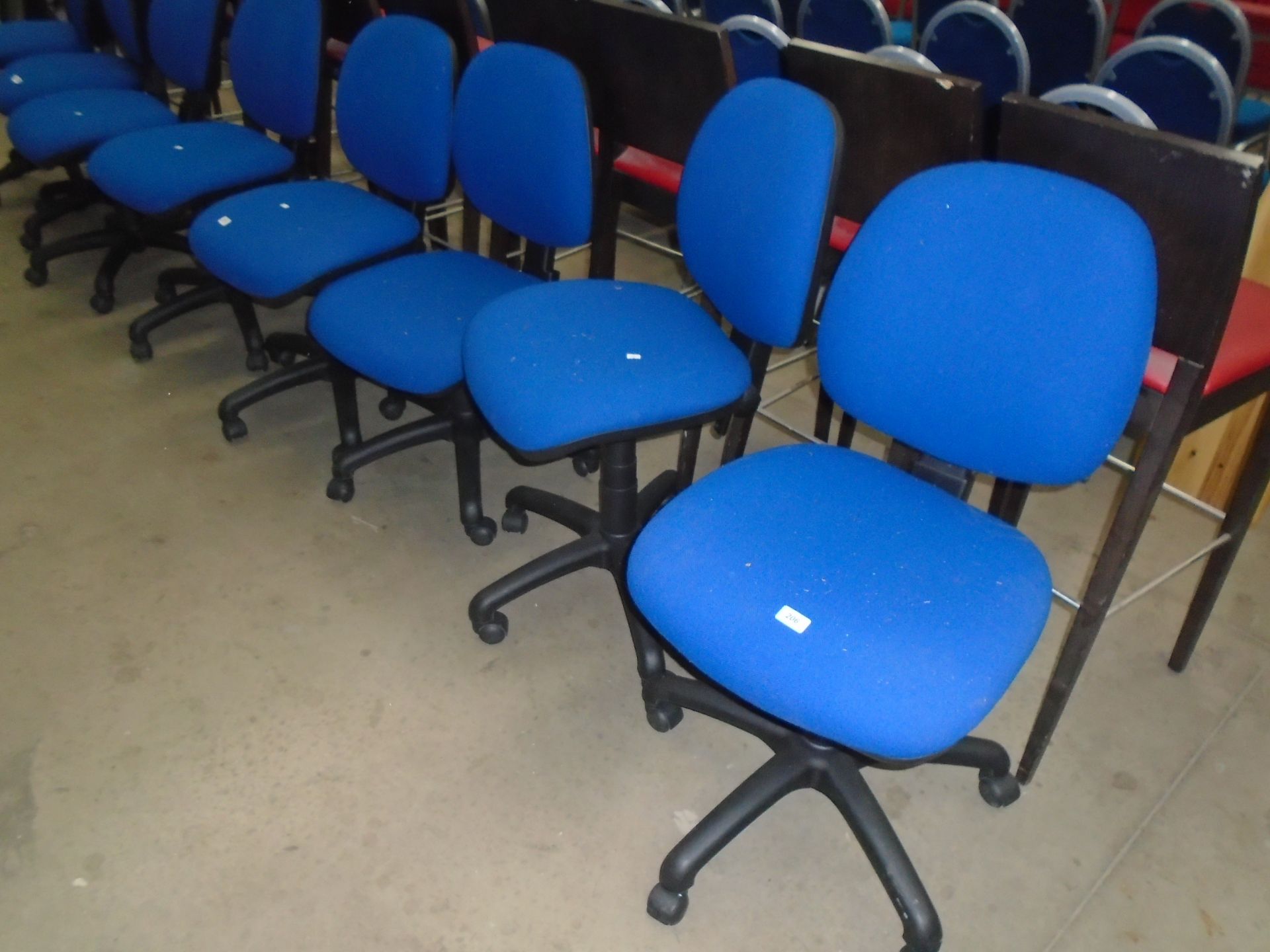 5 x blue upholstered operators swivel chairs