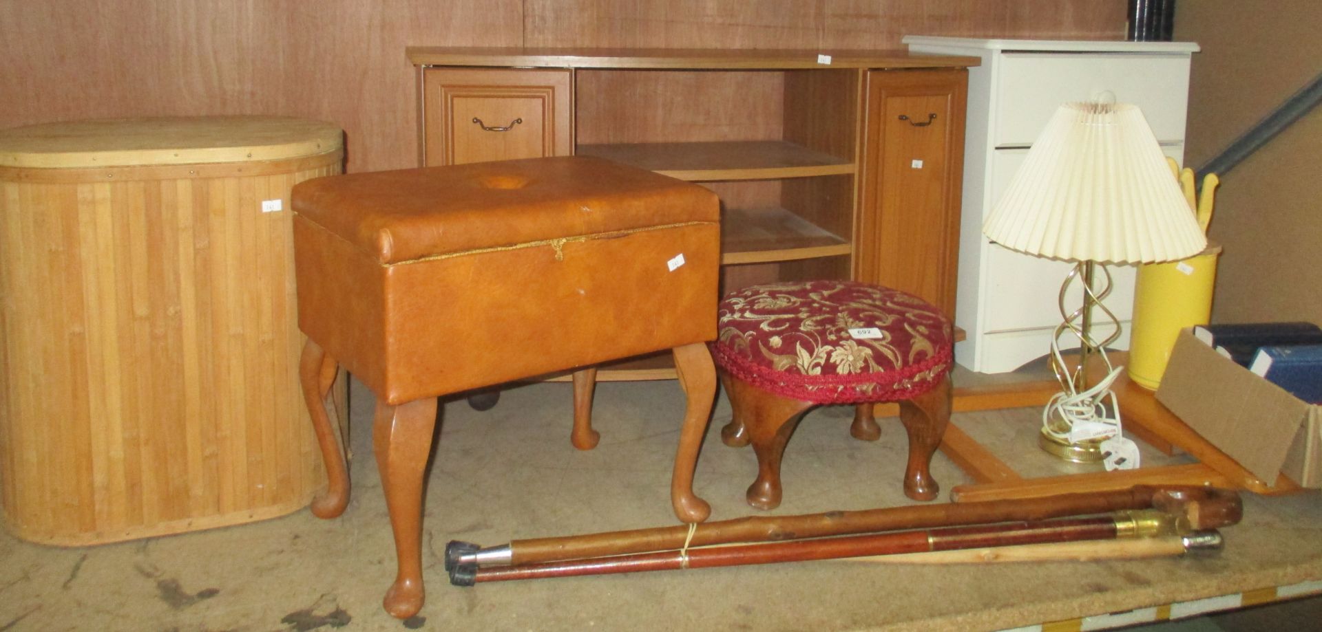 Contents to corner of rack linen box, upholstered sewing box, TV cabinet, stool,