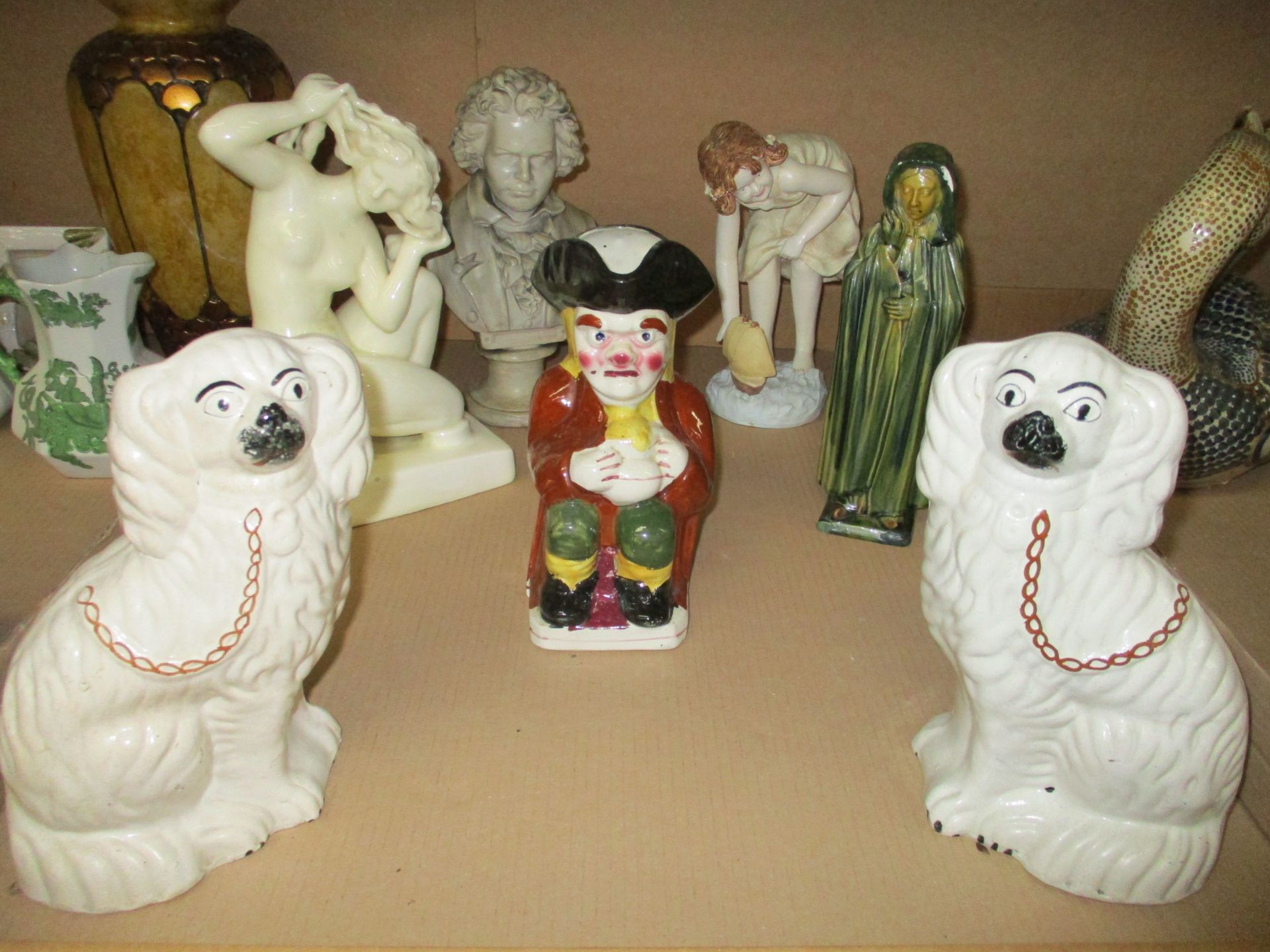 A pair of Staffordshire style spaniels, and a small quantity of assorted figures/busts,