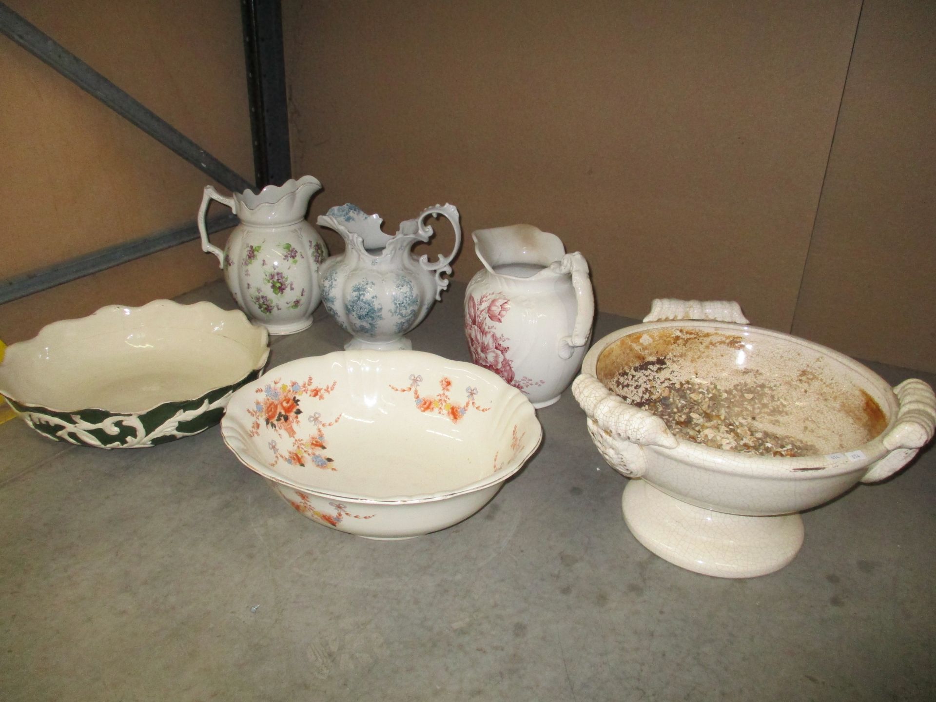 Six items - three assorted water jugs,