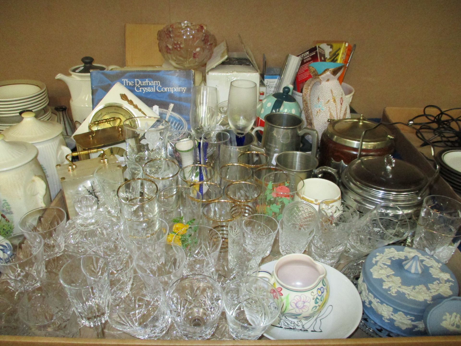 A quantity of assorted glassware, Wedgwood Jasperware, pewter tankards,