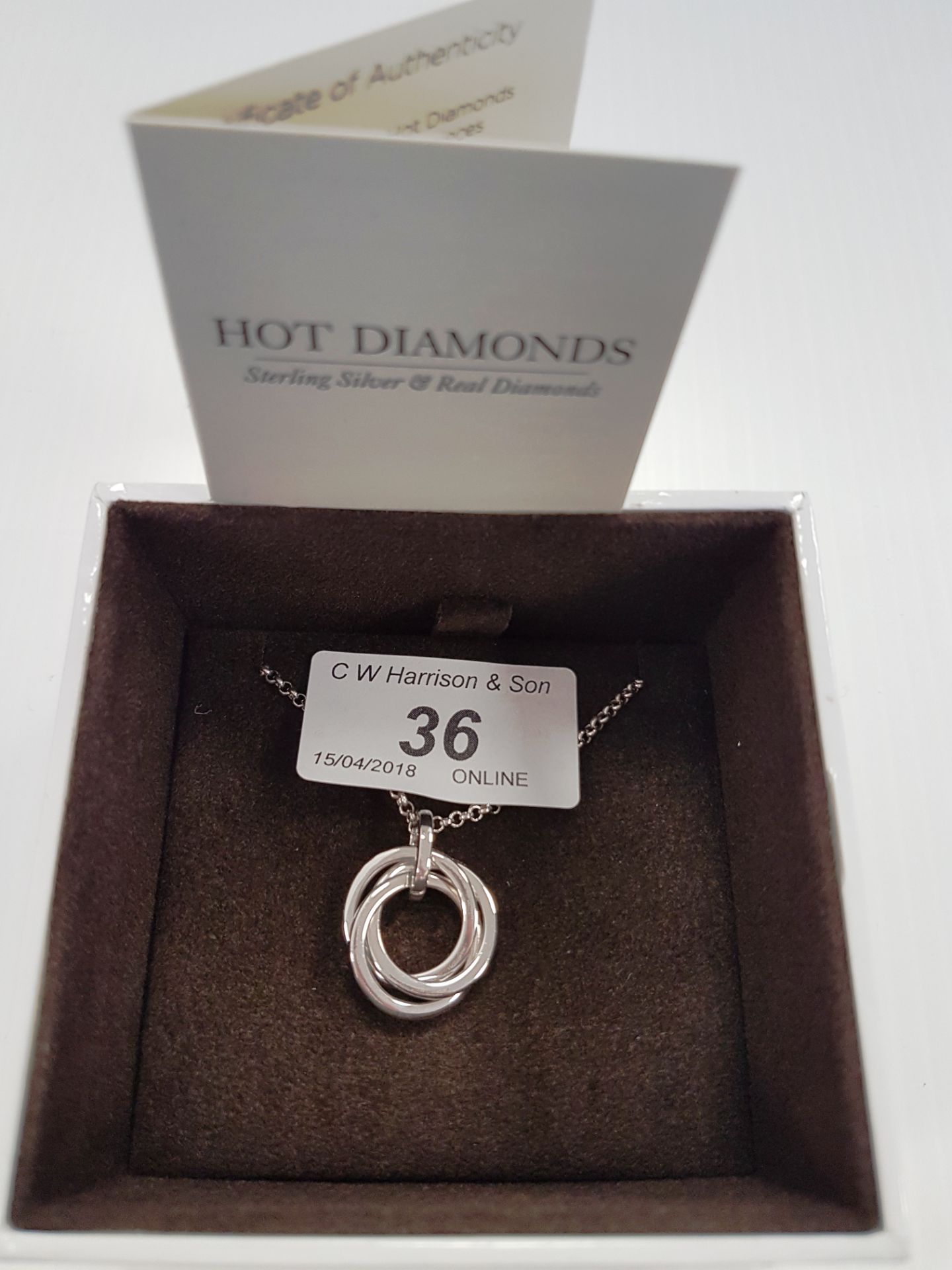 Hot Diamonds sterling silver necklace and three rings pendant with diamond (boxed)