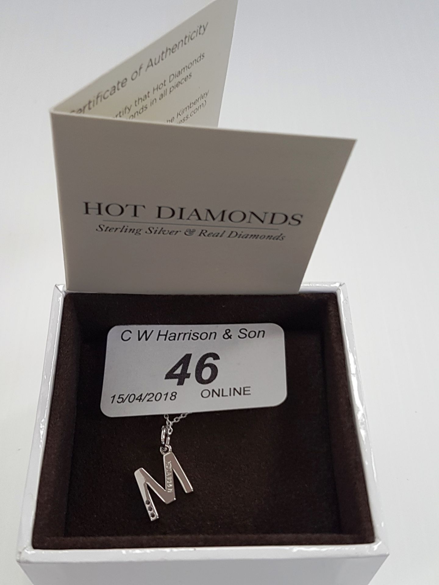 Hot Diamonds sterling silver necklace and letter 'M' pendant with diamond RRP £35 (boxed)