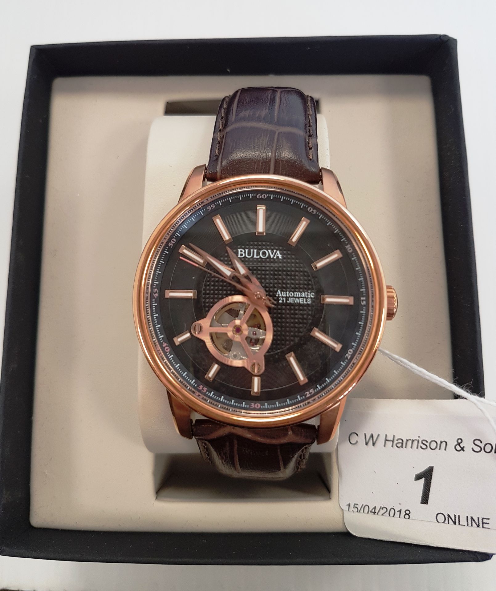 Men's Bulova automatic rose gold brown leather strap watch RRP £379 (boxed)