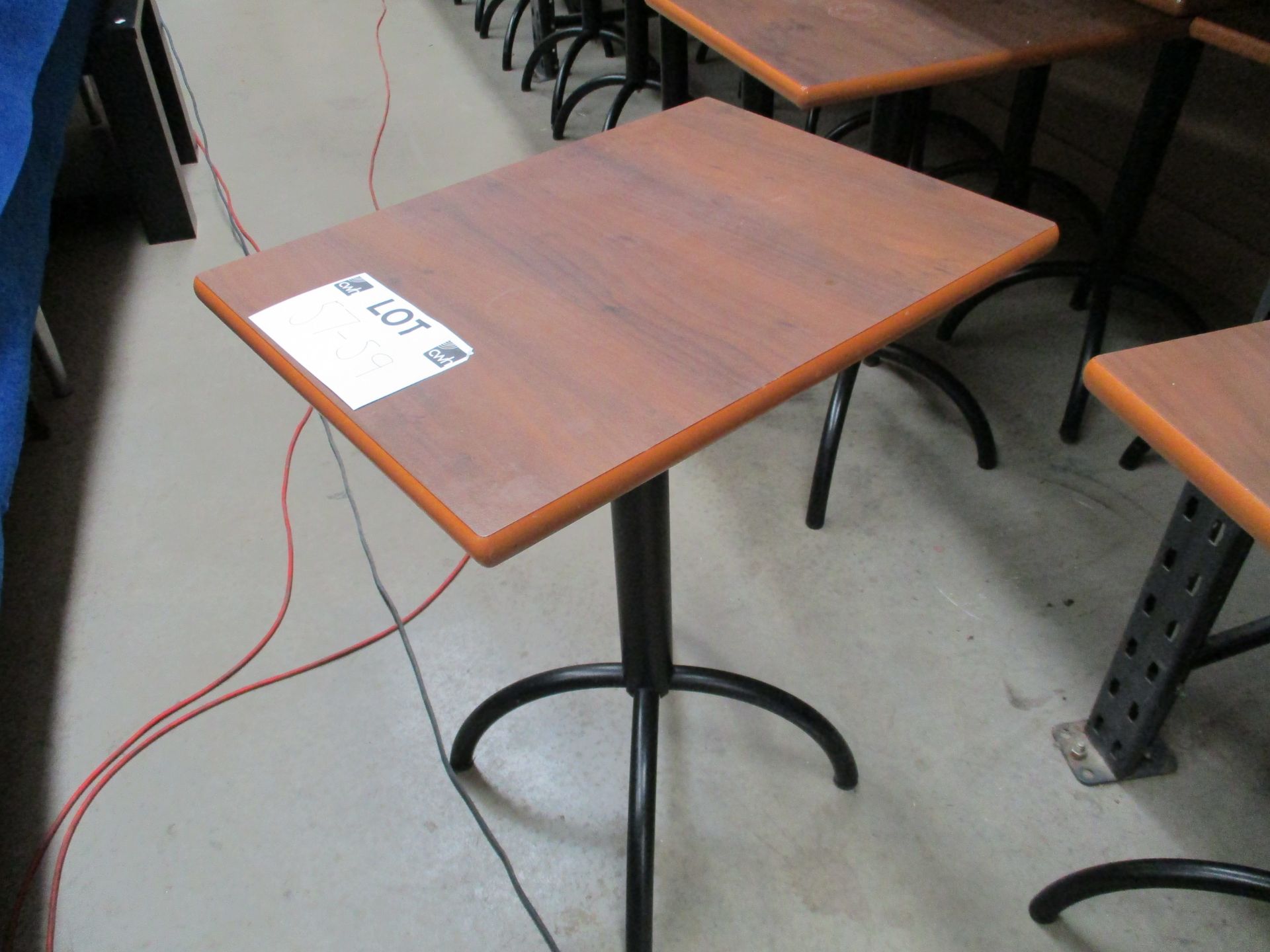 10 x dark wood formica topped cafe tables 45 x 60cm on black metal splayed legs